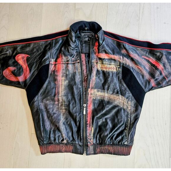 Rare Davoucci Leather Jacket Heavy Baggy Vintage Y2K Full Art Black Size XL